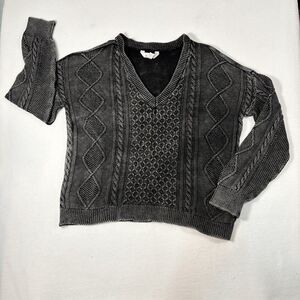 Boxy Gray Sweater V Neck Distressed Grunge Acid Wash Cable Knit